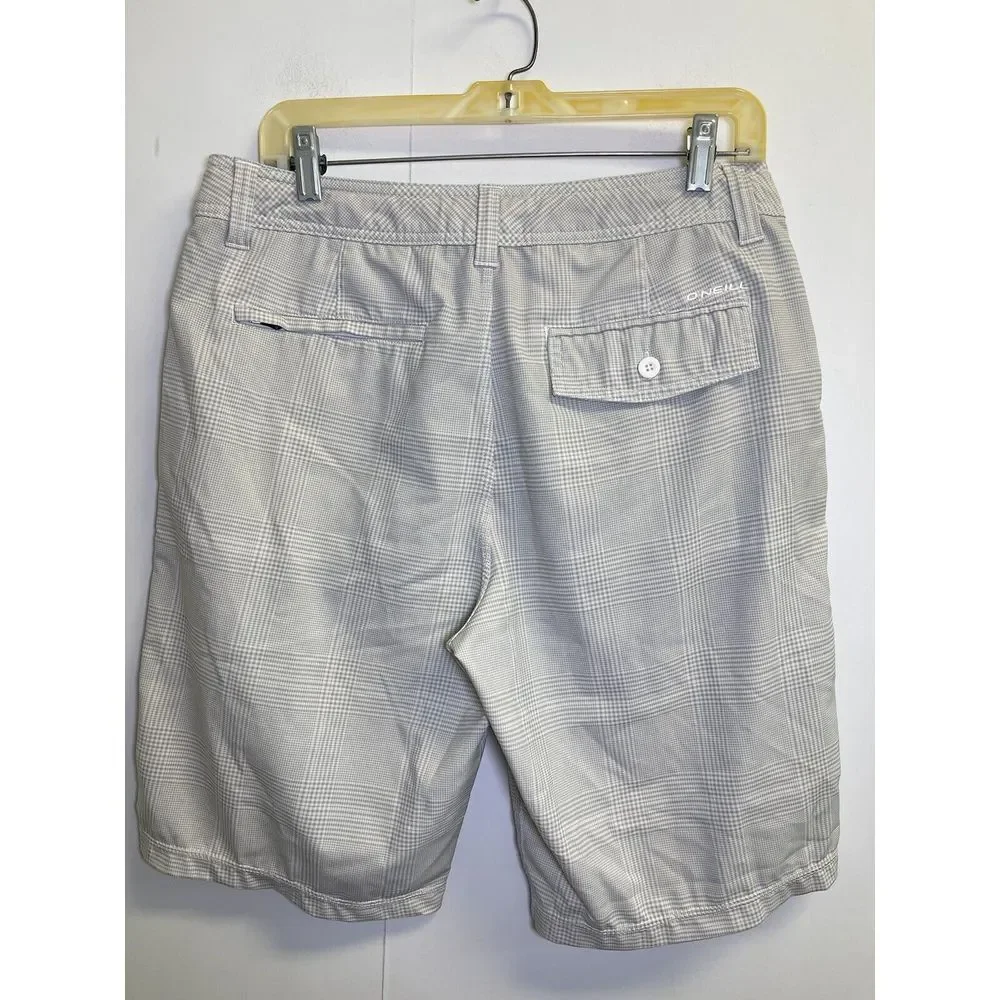 O'Neill Mens Sz 32 Gray Glen Plaid‎ Shorts Hybrid Zip-Pockets Golf Bermuda Board